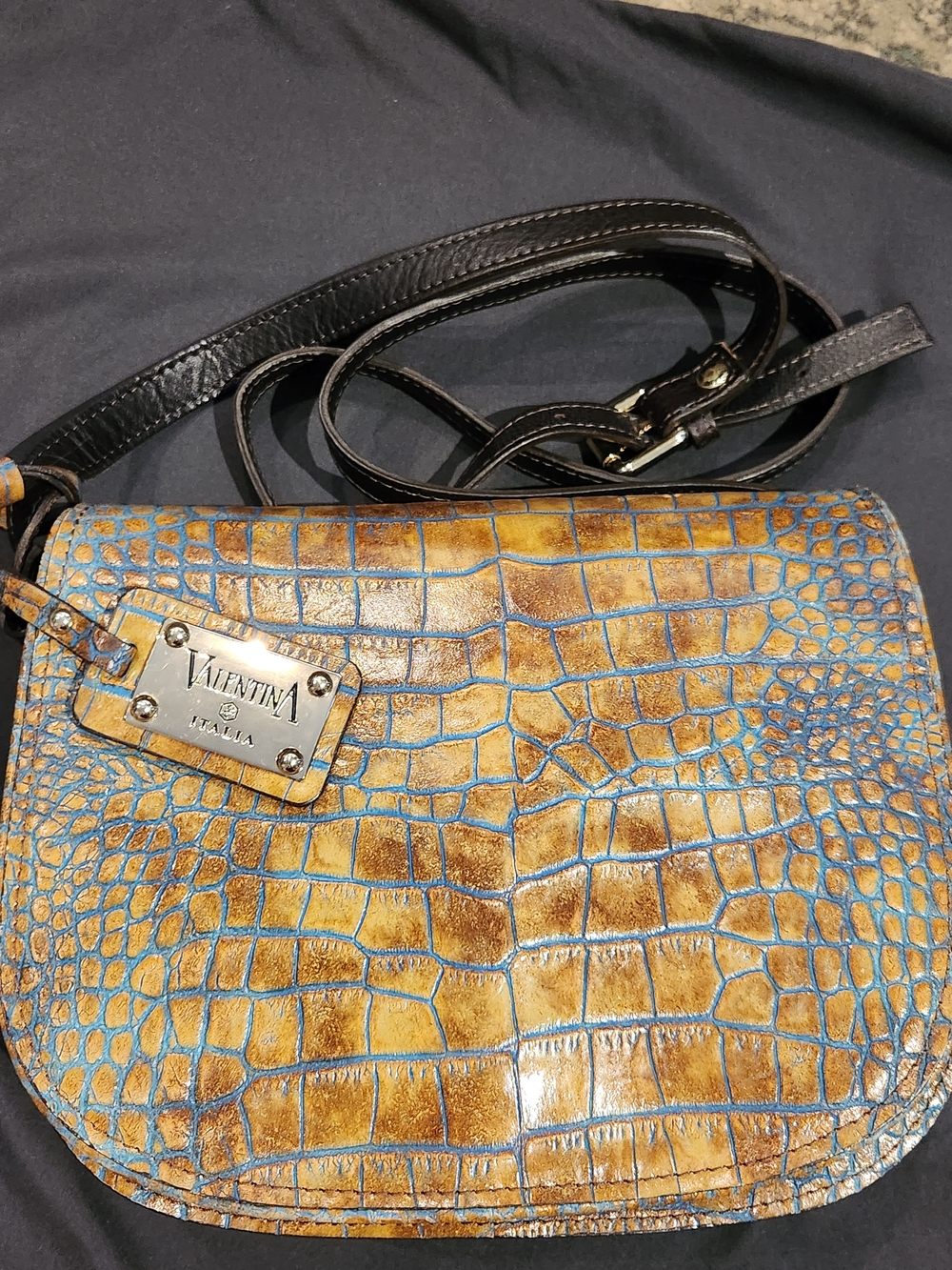 Valentina Italy Croc Embossed Leather Blue Brown Crossbody Bag Purse w/tags